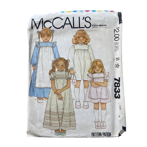 Vintage McCalls 7833 Sewing Pattern Size 4 Kids Pinafore Dress Sewing CUT - Picture 1 of 6